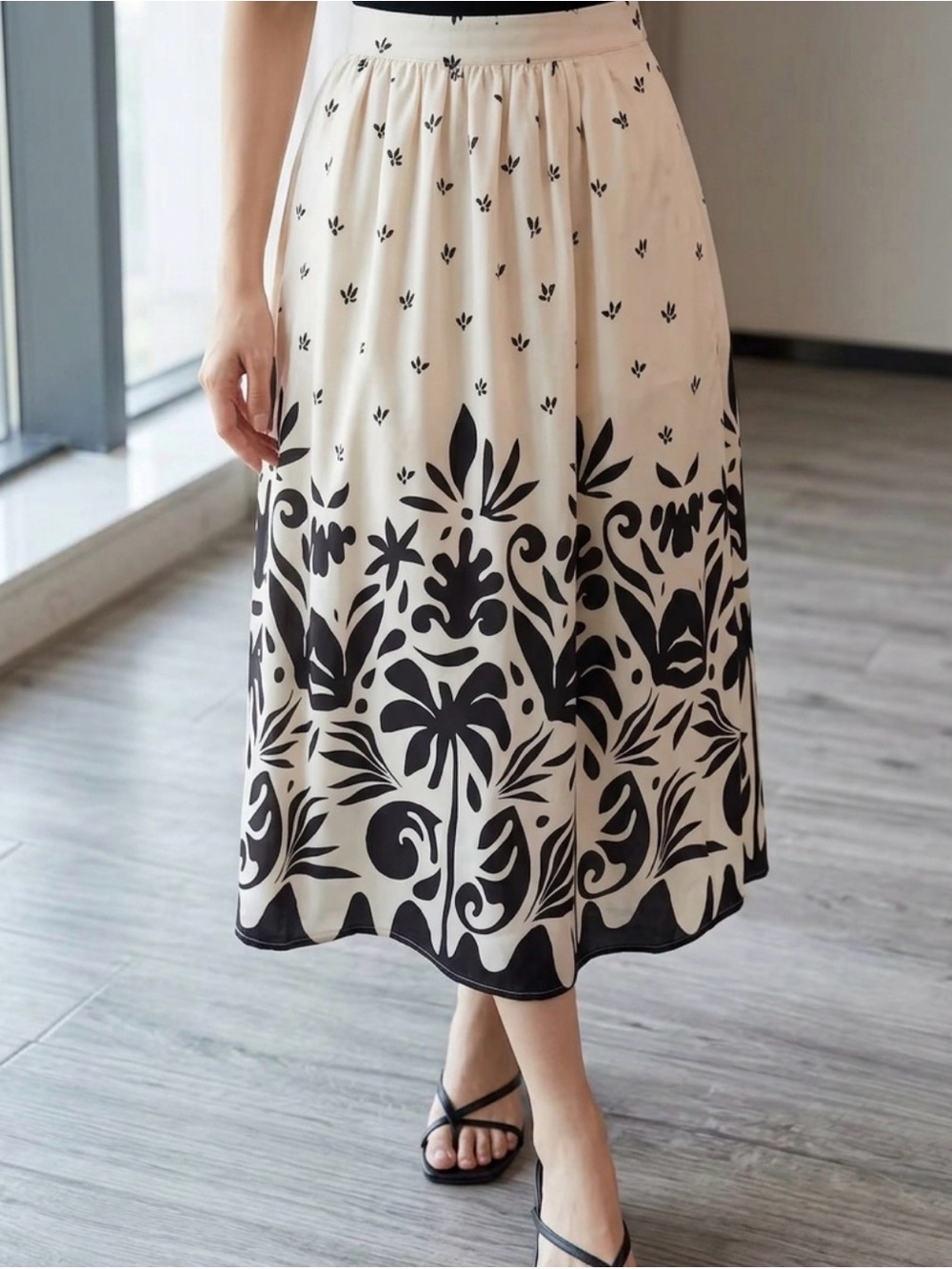 Tahari Cream and Black Botanical Print faux wrap Midi Skirt